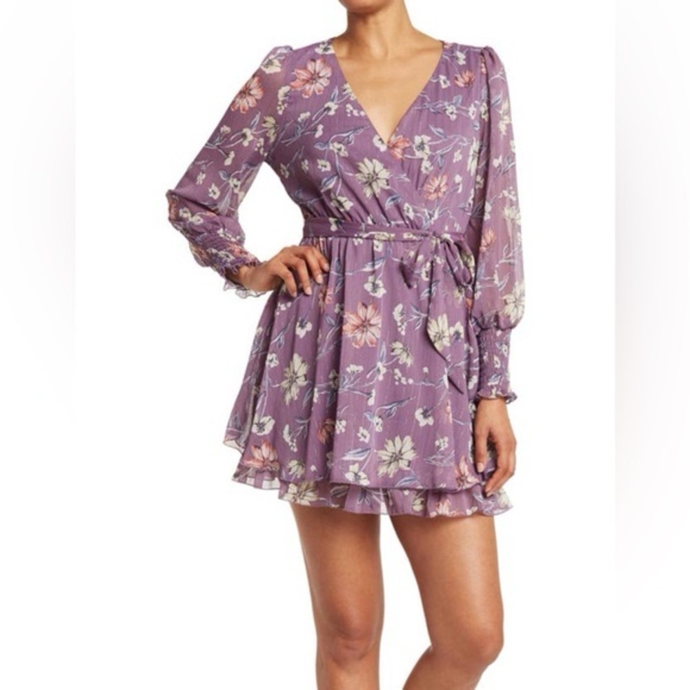 Nordstrom Kenedik Floral Purple Lavender Mini Dress Size Large V long sleeve
